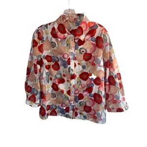 Womens Multicolor Floral Poppy Print 100% Cotton 3/4 Sleeve Button Down Shirt S